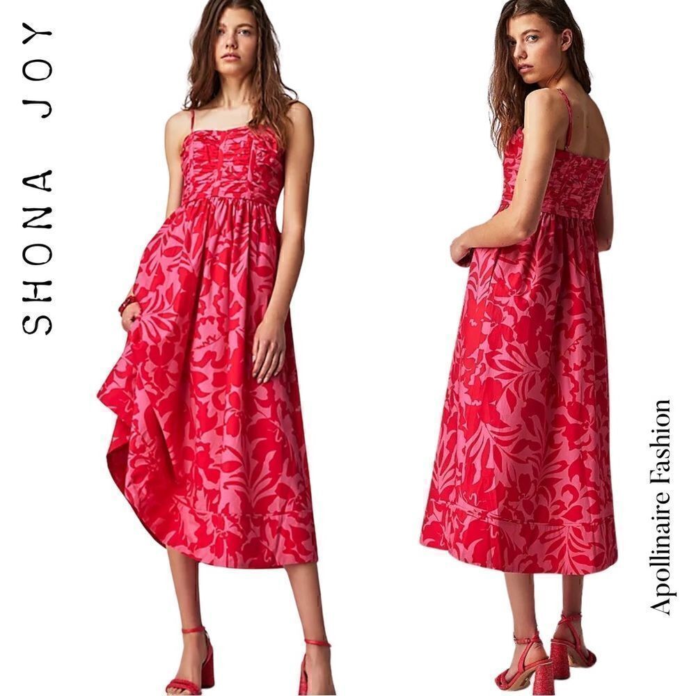 SHONA JOY ANTONIA RUCHED PANEL MIDI DRESS IN PINK RED COMBO FLORAL PRINT SIZE 12